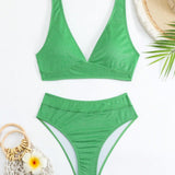 Swim Basics Conjunto de bikini de unicolor con cuello en V para mujeres para playa y vacaciones