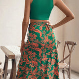 VCAY Conjunto de top corto acanalado liso de verano para mujer y falda con estampado floral y dobladillo con abertura alta