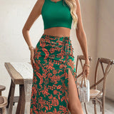 VCAY Conjunto de top corto acanalado liso de verano para mujer y falda con estampado floral y dobladillo con abertura alta