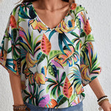 VCAY Camisa de manga larga con estampado de hojas de arbol para mujeres de estilo resort