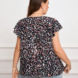 Blusa de a grande con cuello redondo, Estampado Floral y Dobladillo con Volantes