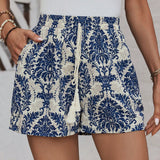 LUNE Pantalones cortos de playa casuales para mujeres de verano con estampado vintage, borlas y cordon en la cintura, y bolsillos laterales
