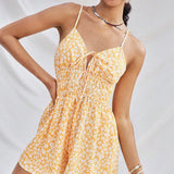 WYWH Vacation Yellow & White Floral Printed Casual Spaghetti Strap With Tie Elastic Waist Romper