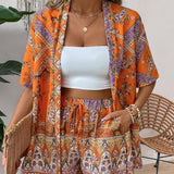 VCAY Conjunto de dos piezas de verano para mujer estilo holgado para vacaciones que incluye crop top kimono con estampado de cachemira y shorts.