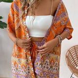 VCAY Conjunto de dos piezas de verano para mujer estilo holgado para vacaciones que incluye crop top kimono con estampado de cachemira y shorts.