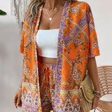 VCAY Conjunto de dos piezas de verano para mujer estilo holgado para vacaciones que incluye crop top kimono con estampado de cachemira y shorts.