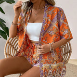 VCAY Conjunto de dos piezas de verano para mujer estilo holgado para vacaciones que incluye crop top kimono con estampado de cachemira y shorts.