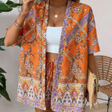 VCAY Conjunto de dos piezas de verano para mujer estilo holgado para vacaciones que incluye crop top kimono con estampado de cachemira y shorts.