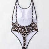 Swim SXY Traje de bano de una pieza para mujer con estampado de leopardo aleatorio de moda y espalda descubierta para nadar en la playa en verano