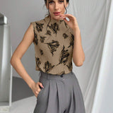 Prive Camisa elegante de mujer sin mangas con cuello alto y pliegues con estampado floral