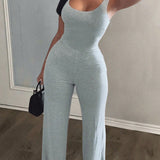 Slayr Women New Casual U-Neck Backless Sleeveless Solid Color Elastic Wide Leg Jumpsuit With Shoulder Straps For Streetwear