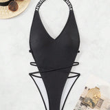 Swim Traje de bano de una sola pieza para mujeres con estampado de letras y tirante de cuello halter para natacion y playa