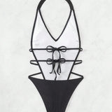 Swim Traje de bano de una sola pieza para mujeres con estampado de letras y tirante de cuello halter para natacion y playa