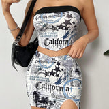 Coolane Conjunto Y2k Para Mujeres Con Top Bustier Y Estampado De Letras Y Estrellas, Junto Con Falda De Abertura Alta En El Dobladillo.