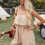 VCAY Solid Color Fringe Decorated Jumpsuit With Spaghetti Straps For Summer Music Festival