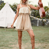 VCAY Solid Color Fringe Decorated Jumpsuit With Spaghetti Straps For Summer Music Festival