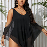 Swim Lushore Conjunto de tankini de talla grande con cuello redondo y panel de malla para ropa de playa de verano