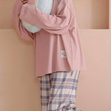 Conjunto de pijama de manga larga de ocio de primavera y otono, conjunto de ropa de hogar rosa para el hogar, conjunto de pijama a cuadros