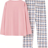 Conjunto de pijama de manga larga de ocio de primavera y otono, conjunto de ropa de hogar rosa para el hogar, conjunto de pijama a cuadros