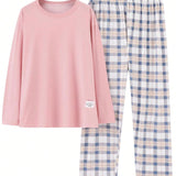 Conjunto de pijama de manga larga de ocio de primavera y otono, conjunto de ropa de hogar rosa para el hogar, conjunto de pijama a cuadros