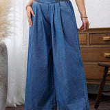 LUNE Jeans sueltos de pierna ancha con cinturilla plisada, bolsillos diagonales y dobladillos plegados