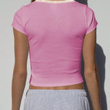 SXY Camiseta de manga corta casual con parche de encaje y cuello cuadrado para mujer para primavera y verano