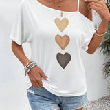 Camiseta de mujer informal y sencilla con patron de corazon de manga corta y holgada adecuada para el verano del amor