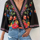 Prive Camisa de verano para mujer con estampado floral vintage y diseno cruzado