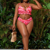 Swim Vcay Conjunto de bikini impreso con nudo frontal para mujeres de talla grande es perfecto para vacaciones de verano en la playa