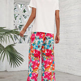 LUNE Set de pantalones largos casuales con estampado floral y cintura con lazo, y camiseta de manga corta con impresion de retrato