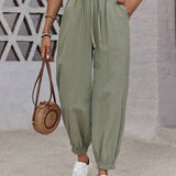 LUNE Pantalones para mujeres cortos con cintura elastica, cordon y punos, con bolsillos, hechos de algodon lavado y algodon rastreable, adecuados para el verano.