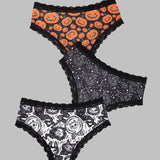 3 piezas de bragas sexys y goticas para mujeres con encaje de contraste, con estampado de calaveras, ojos, estrellas y Jack-O-Lanterns para Halloween, ropa interior y lenceria para mujeres y damas