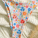 Conjunto de bikini de dos piezas con correa de espagueti, estampado floral con top retorcido y traje de bano separado. Derechos de autor comprados.