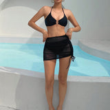 NEW DAZY Conjunto de bikini de copa triangular con detalle circular en el cuello tipo halter, incluye falda y cubierta para la playa en verano