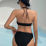 NEW DAZY Conjunto de bikini de copa triangular con detalle circular en el cuello tipo halter, incluye falda y cubierta para la playa en verano