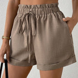VCAY Pantalones cortos anchos de verano para mujer unicolor con banda elastica en la cintura, bolsillos y diseno de dobladillo de seta para uso casual y diario