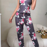 Conjunto de pijama de mujer con top de cami con correas y pantalones largos con estampado floral