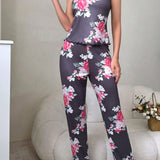 Conjunto de pijama de mujer con top de cami con correas y pantalones largos con estampado floral