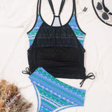 Swim Mujeres Top de tirantes con espalda cruzada, traje de bano Tankini y pantalones cortos de bano estampados.