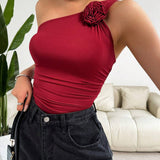 Essnce Nueva blusa de hombro con rosa roja encajeado para mujer en primavera y verano