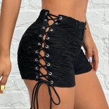 PETITE Shorts negros de encaje jacquard con cordones laterales para mujer