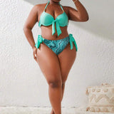Swim Curve Conjunto de bikini de tallas grandes para mujeres con color solido y corbata delantera con correa de cuello halter