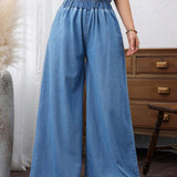 LUNE Jeans de pierna ancha para mujer con cintura de bolsa de papel simple y liso para uso diario