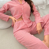 Nina Bonheur Conjunto de ropa de dormir para mujeres de 2 piezas con pijama largo a rayas con botones y pantalones con cintura elastica para el hogar