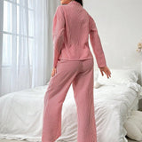 Nina Bonheur Conjunto de ropa de dormir para mujeres de 2 piezas con pijama largo a rayas con botones y pantalones con cintura elastica para el hogar