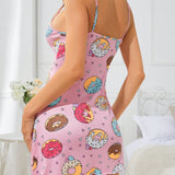 Vestido de dormir dulce para mujeres con estampado de rosquilla y tirantes