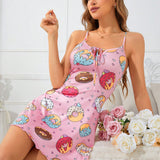 Vestido de dormir dulce para mujeres con estampado de rosquilla y tirantes