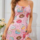 Vestido de dormir dulce para mujeres con estampado de rosquilla y tirantes