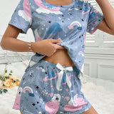 Conjunto de pijama para mujer con lindo estampado de nubes y ositos, cuello redondo