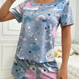 Conjunto de pijama para mujer con lindo estampado de nubes y ositos, cuello redondo